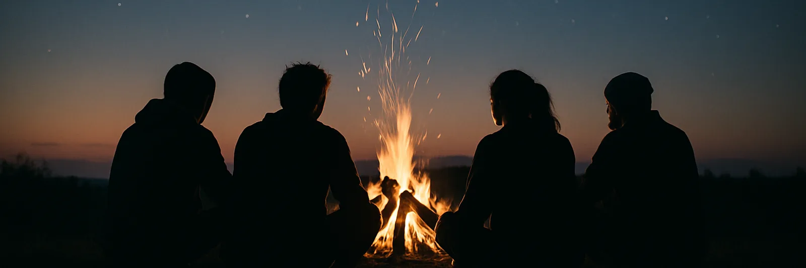 Menschen sitzen abends gemeinsam am Lagerfeuer